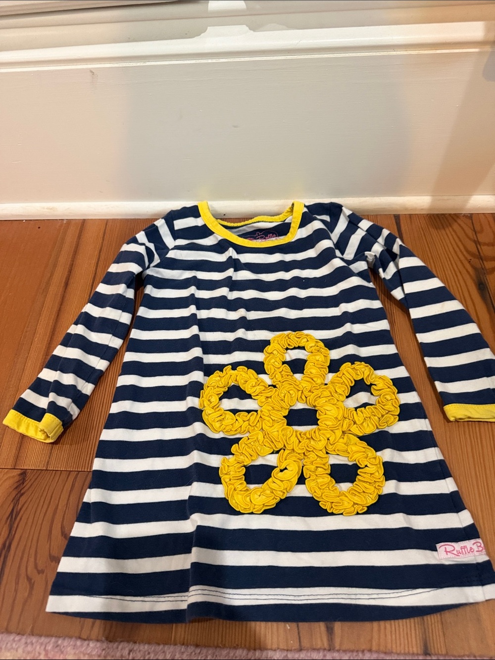 Ruffle Butts Navy & White Striped Dress with Yellow Flower Applique